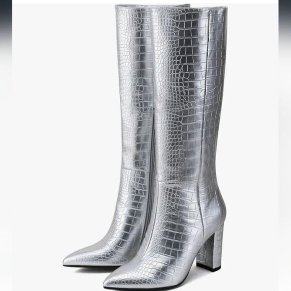 Modatope Knee High Silver Croc Embossed Chunky Heeled Boots Size 9 NWOT - Picture 1 of 8